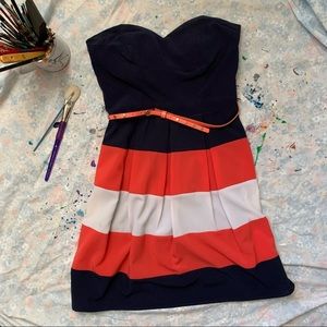 Strapless b darlin navy blue and peach mini dress w/matching belt, size S retro